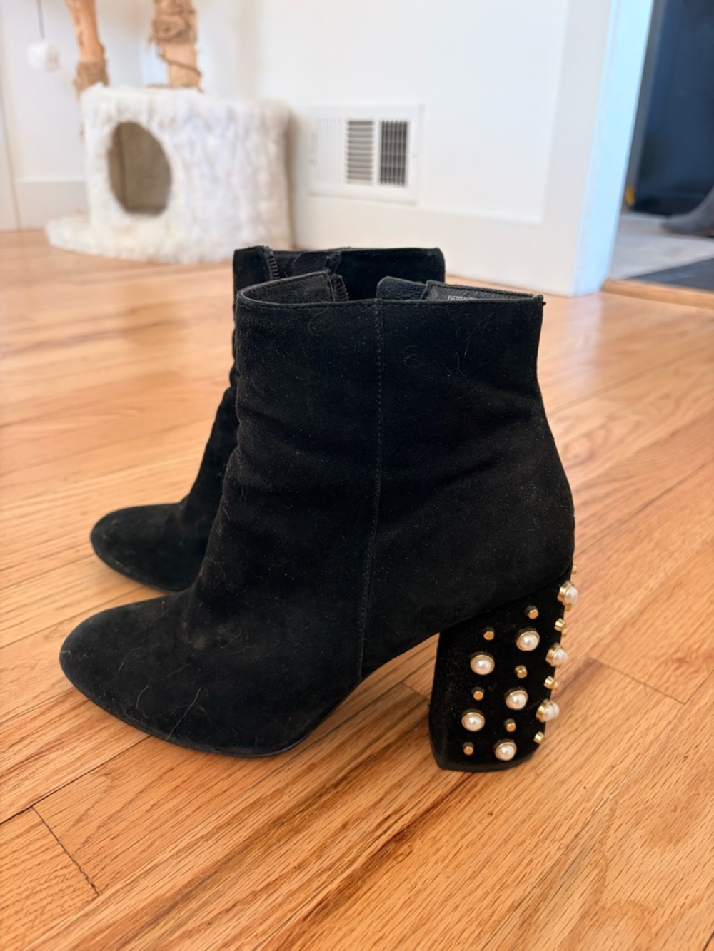 Steve Madden Black Suede Ankle Boots with Pearl-Embellished Block Heels